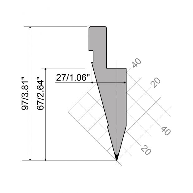 Punch R1 European type A Series with Working height=67mm, α=30°, Radius=0,52mm, Material=42Cr, Max. load=100