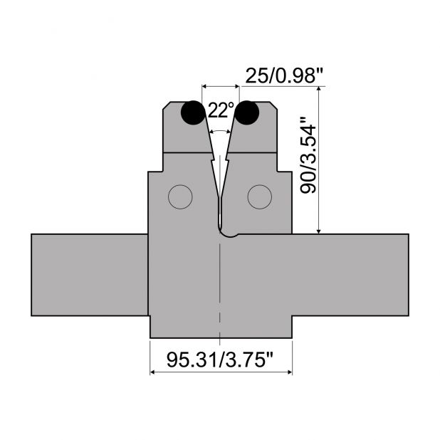 Adjustable die with V min. 25 mm and V max. 125 mm. Radius = 8 mm.  Max. Load 1250 kN/m at 90°