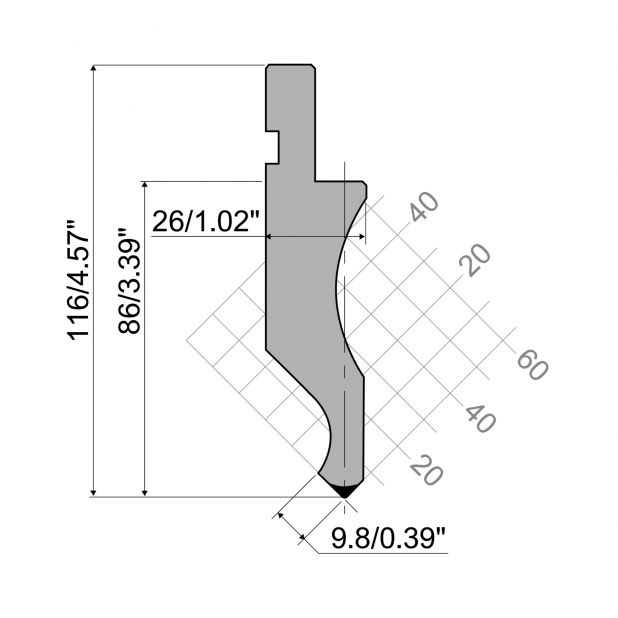 Punch R1 European type with Working height=86mm, α=88°, Radius=0,8mm, Material=C45, Max. load=500kN/m.