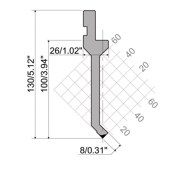 Punch R1 European type with Working height=100mm, α=90°, Radius=0,6mm, Material=42Cr, Max. load=350kN/m.
