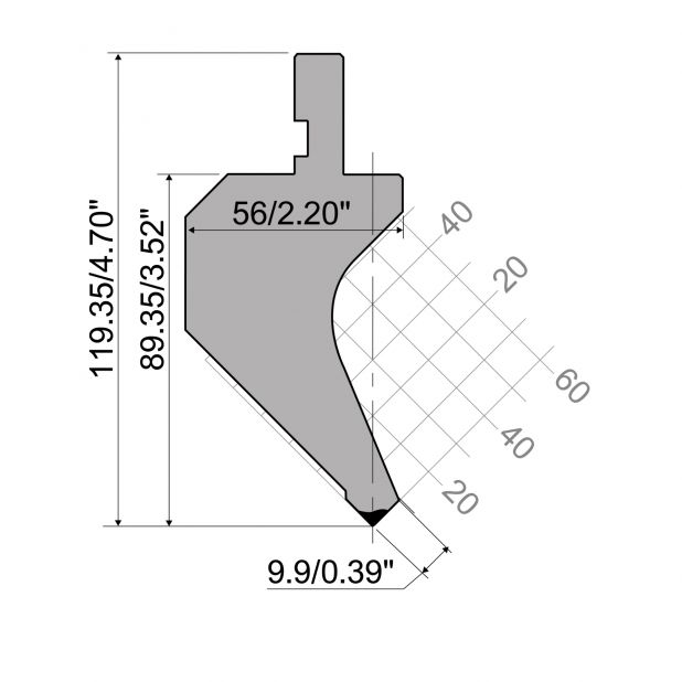 Punch R1 European type with Working height=89,35mm, α=90°, Radius=0,8mm, Material=C45, Max. load=600kN/m.