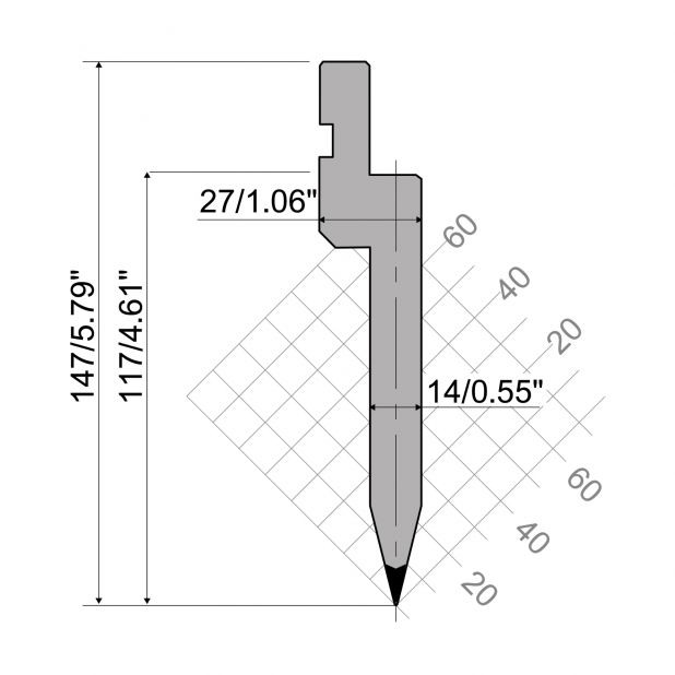 Punch R1 European type with Working height=109mm, α=26°, Radius=3mm, Material=C45, Max. load=1000kN/m.