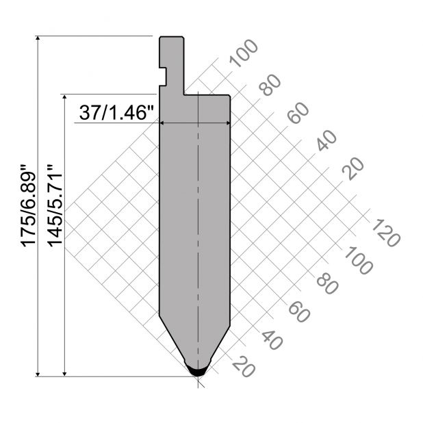 Punch R1 European type TOP Series with working height=145mm/5.71", α= 60°, radius=5mm/.197", material=42Cr M