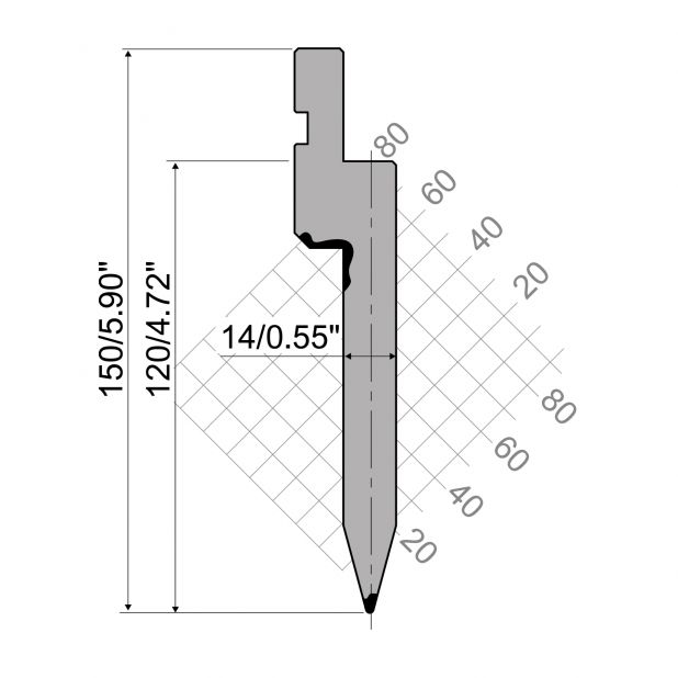 Punch R1 European type TOP Series with Working height=150mm, α=30°, Radius=1,2mm, Material=42cr, Max. load=1